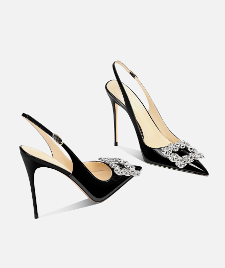 Home Office Size - Black Rhinestone Square Buckle High-Heeled Shoes